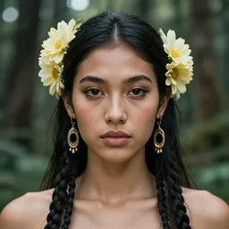 beautiful portrait, ( ( head shot ) ), taino, sharp focus, ffxiv, neo classic, bloom, movie still, symmetrical!, makeup, sephora, loreal, art by karol bak, artstation, art by ross draws, studio light, maybelline, model, skin care, forest, vsco, bokeh