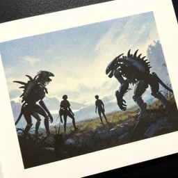 a close - up grainy risograph, painting of a scene from the horizon zero dawn, machine monsters by moebius and kim jung gi