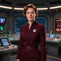 Jodie as the Doctor in her burgundy costume in the Tardis secondary control room