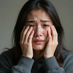 photographic portrait of a poor techwear woman holding back tears, closeup, sigma 85mm f/1.4, 4k, depth of field, high resolution, 4k, 8k, hd, full color