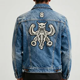 back patch of a screaming triskelion on a jeans jacket. 8 0's