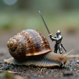 outdoors, a tiny human knight in armor swinging his sword at an ordinary snail!! with a large shell, anamorphic, dramatic lighting, professional macro photography, kodak ektar film
