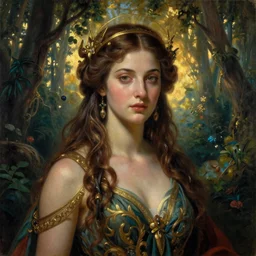 majestic gracious goddess hera portrait, magic forest, atmospheric lighting, painted, intricate, volumetric lighting, beautiful, rich deep colours masterpiece, golden hour, sharp focus, ultra detailed, by leesha hannigan, ross tran, thierry doizon, kai carpenter, ignacio fernandez rios