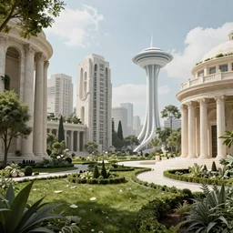 verdant classical garden based on the brutalist architecture of carlo scarpa in a megacity made of travertine temples, sci-fi, a white space elevator in the distance light blue sky with clouds, dramatic matte painting, 4k museum photograph, octane render, photorealistic, hyperrealism
