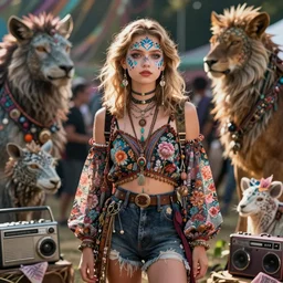 floral patterned bohemian boho soft grunge tumblr jet set radio 90s cyber fashion teen outfit, music festival geometric face makeup, fantasy mystical zine photography, full body shot layered clothes, surrounded by mythical beast creatures fashion photograph of a cute girl with medium blonde hair, hanging chain face jewelry and geometric floral festival face paint