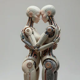 photorealistic gorgeous symmetrical female cyborg, holding intimately, highly detailed, arms, knees, back, intricate, in the style of beth cavener, jin kagetsu, wlop, masterpiece, concept art, high key lighting, ambient lighting, octane render, 8 k, artstation