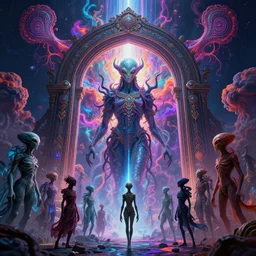 [ palate ] [ electric energy ] [ dark and vibrant colors ] alien soul spirits congregating in front of an intricate giant arched gateway, deity spirit at the gate, vibrant neon nebulous clouds, paisley pattern synapse clouds, symmetrical details, hyper realistic illustration, radiant light rays, photorealistic illustration, intricate and fine details, volumetric lighting, artstation