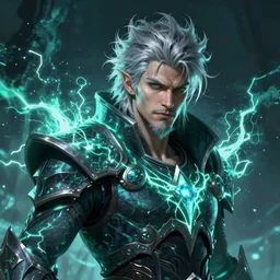 A striking epic hyper real portrait painting of aasimar hexblade warlock, teal electricity, male, shaggy silver hair, short beard, 4k, 8k, Apex Legends Concept Art, D&D Concept Art, unreal 5, DAZ, hyperrealistic, octane render, cosplay, RPG portrait, dynamic lighting