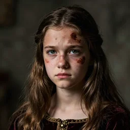 a large brown birthmark on the face of a teenage medieval girl, unhappy, portrait, photography, moody, long brown hair