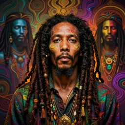 portrait of bob marley with flowing dreadlocks, surrounded by spirit of jah rastafari. afrogoth intricate digital matte painting concept art, warpaint aesthetic, colorful, psychedelic, beautifully backlit, subtle tones, sharp focus, cinematic aesthetic octane render, volumetric lighting, by edmund leighton, james jean, ross tran and artgerm