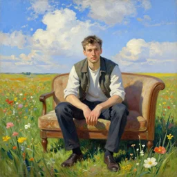 attractive man sitting on a coach in flower field, blue sky with clouds, painting by vladimir volegov, j. c. leyendecker, tom of finland, trending on artstation