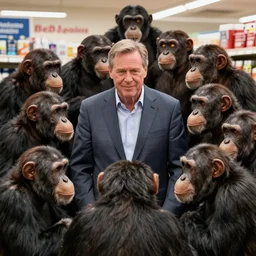 a large group of chimpanzees surrounding jim cramer in a bed bath & beyond store