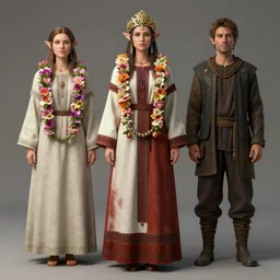 studio photo portrait of Marcille from Dungeon Meshi wearing floral garlands over her traditional dress. full height portrait of half-elf Marcille as a slavic pagan priestess wearing traditional pagan dress adorned with golden tiara, concept art by Anna Dittmannand and James Dean and Ross Tran, ultrarealistic octane render, 8k, rtx on, trending on ArtStation