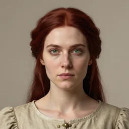 head portrait, full faced, 4 0 years old women, dark red hair, green eyes, in beige historic clothing, high detail, digital art, medieval fantasy