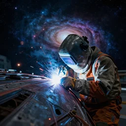 welder working on futuristic spacecraft overlooking the galaxies