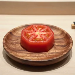 octahedron shaped sliced tomato on a wooden plate, michelin star restaurant 4K photo