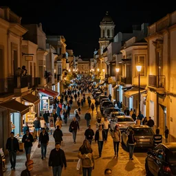 cadiz street at night, crowded, 8K, trending on artstation, golden ratio, rule of thirds, low key, establishing shot, extremely high detail, concept art
