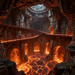 man-made dungeon interior with low ceiling and stone walls and metal walkways suspended above lava, tunnels and archways; detailed, best on artstation, raymond swanland, bayard wu, cosmic, epic, stunning, masterpiece