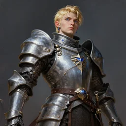 highly detailed full body portrait painting of a proud young elven knight in the style of Warhammer Fantasy by Artgerm and Arian Mark, short blonde hair, blue eyes, sapphire earrings, no helmet, low angle shot, highly detailed, trending on artstation, cgsociety, 4k, 8k, HDR, octane render, unreal engine