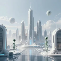 music album cover, futuristic city with aliens
