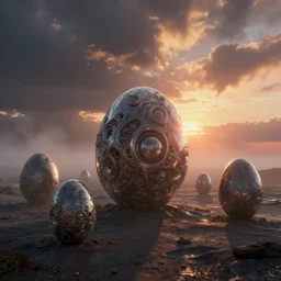 alien planet surface, spherical shiny organic eggs, intircate details, hr giger, sunset, landscape, dramatic clouds, mist