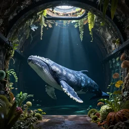 a whale alone, in an empty dark flooded london underground tunnel, overgrown with aquatic plants