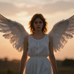 centered  waist up portrait of an angel, bokeh + DOF + 8k, photorealistic + rendered in unreal engine + ultra realistic + backlit + strong rimlight, sunset + HDRI, HD, Photoreal , trending on artstation