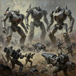grim oil painting of futuristc battlefield humans against evil ai robots, high technology, army, destruction, weapons and crafts, realistic shaded lighting, octaine rendering, wallpapper, magali villeneuve, trending on artstation