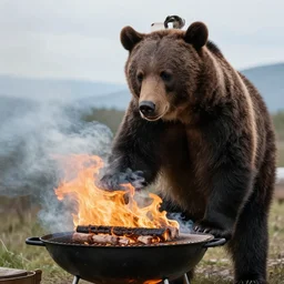 Bear Grylls grills with a bear