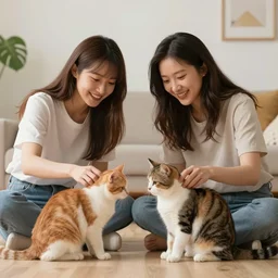 two women playing with cats ; photorealistic ; unreal engine