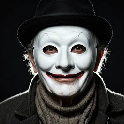 high contrast studio close - up portrait of a wrinkled old man wearing a pulcinella mask, clear eyes looking into camera, baggy clothing and hat, backlit, dark mood, nikon, photo by peter lindbergh, masterpiece