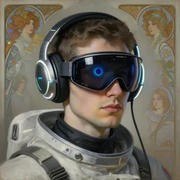 future coder looking on, la forge cyclops eye visor and sleek neon headphones, neon accents, rim lighting, desaturated headshot portrait painting by dean cornwall, ilya repin, rhads, tom whalen, alex grey, alphonse mucha, donoto giancola, astronaut cyberpunk electric fashion photography