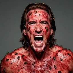 nic cage screaming while covered from head to toe in red bees, award winning portrait