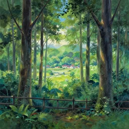 gouache painting of forest panorama ground with fence and village in far distance by makoto shinkai ross tran