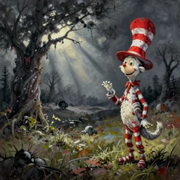 grunge painting of a landscape by dr seuss | horror themed | creepy