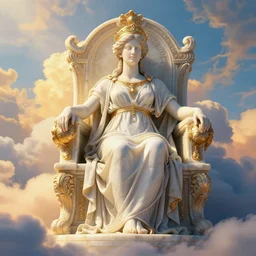 Greek goddess on an ornate marble throne surrounded by heavenly clouds, beautiful, intricate artwork. octane render, trending on artstation, Greg Rutkowski, golden hour, very coherent, cinematic, hyper realism, high detail, vibrant