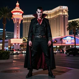 full body portrait of a blood punk vampire on the las vegas strip at night, cinematic, hyper realism, high detail, octane render, 8k, cgsociety