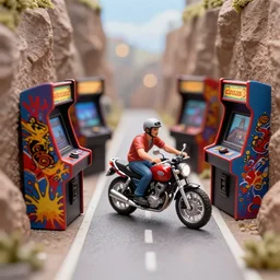 a 2 8 mm macro photo of a man riding on a motorcycle through a canyon made of oversized arcade cabinets, splash art, movie still, bokeh, canon 5 0 mm, cinematic lighting, dramatic, film, photography, golden hour, depth of field, award - winning, anamorphic lens flare, 8 k, hyper detailed, 3 5 mm film grain