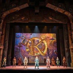 photo of a huge theaterstage, play is lord of the rings, 3 actors on stage, 8 k, multicolored, exaggerated detailed, long shot
