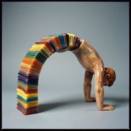 3 5 mm film photo of a man made of stacked slabs of multicolour hardened glue. he is arching in a catenary curve. he is coated in cleat epoxy.