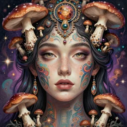 Girl have a psychedelic experience, magic mushrooms, psilocybin, face, detailed, intricate, elegant, highly detailed, digital painting, artstation, concept art, smooth, sharp focus, illustration, art by Krenz Cushart and Artem Demura and alphonse mucha