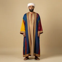middle ages middle eastern colored clothing, middle aged man, dark complexion, well trimmed beard, portrait full body view, defined jawline, middle easter contemporary artstyle