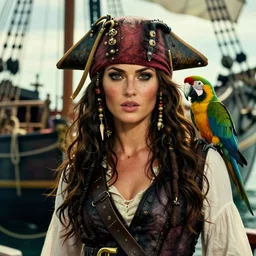 megan fox as a sexy pirate with a parrot, pirate costume, pirate boat background, realistic portrait, beautiful eyes, 8k resolution, hyper detailed, dramatic lighting, cinematic