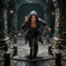 kate beckinsale as dnd thief sneaking forward through gauntlet full of death traps, stone floor, wall around, dark dungeon, fantasy digital art, 4k