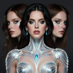 symmetry portrait of lana del rey cyborg, glam, deco, glowing intricate, elegant, highly detailed, digital painting, artstation, concept art, smooth, sharp focus, illustration, art by artgerm and greg rutkowski and fra angelico and unreal engine 5