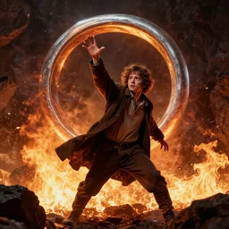 Frodo throwing the ring of power into the fires of Mount Doom, dynamic lighting, cinematic, establishing shot, extremely high detail, photorealistic, cinematic lighting, post processed, concept art, artstation, matte painting