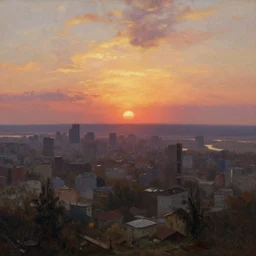 a sunset overlooking a utopian city, by ivan aivazovsky