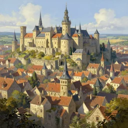 medieval city by thomas kinkade, trending on artstation