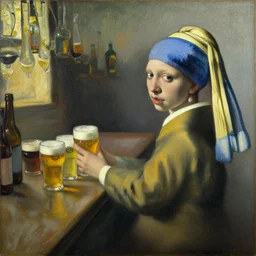 a drunk man standing behind a bar reviewing different beers, vermeer, oil on canvas