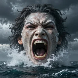 screaming face made of a massive storm in the sea, hyper realistic, 5 0 mm, octane render